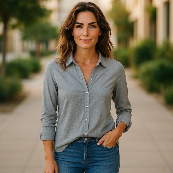 Eterna Fitted Womens Gray Heathered Grey Button Down Shirt Top V-Neck Size 16 US - Picture 11 of 11